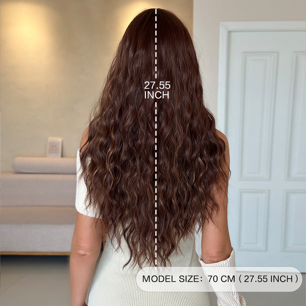 Gray Honey Wax Brown Long Wavy Wig - Everyday Fashion (Middle Part) (FEVERCOS)