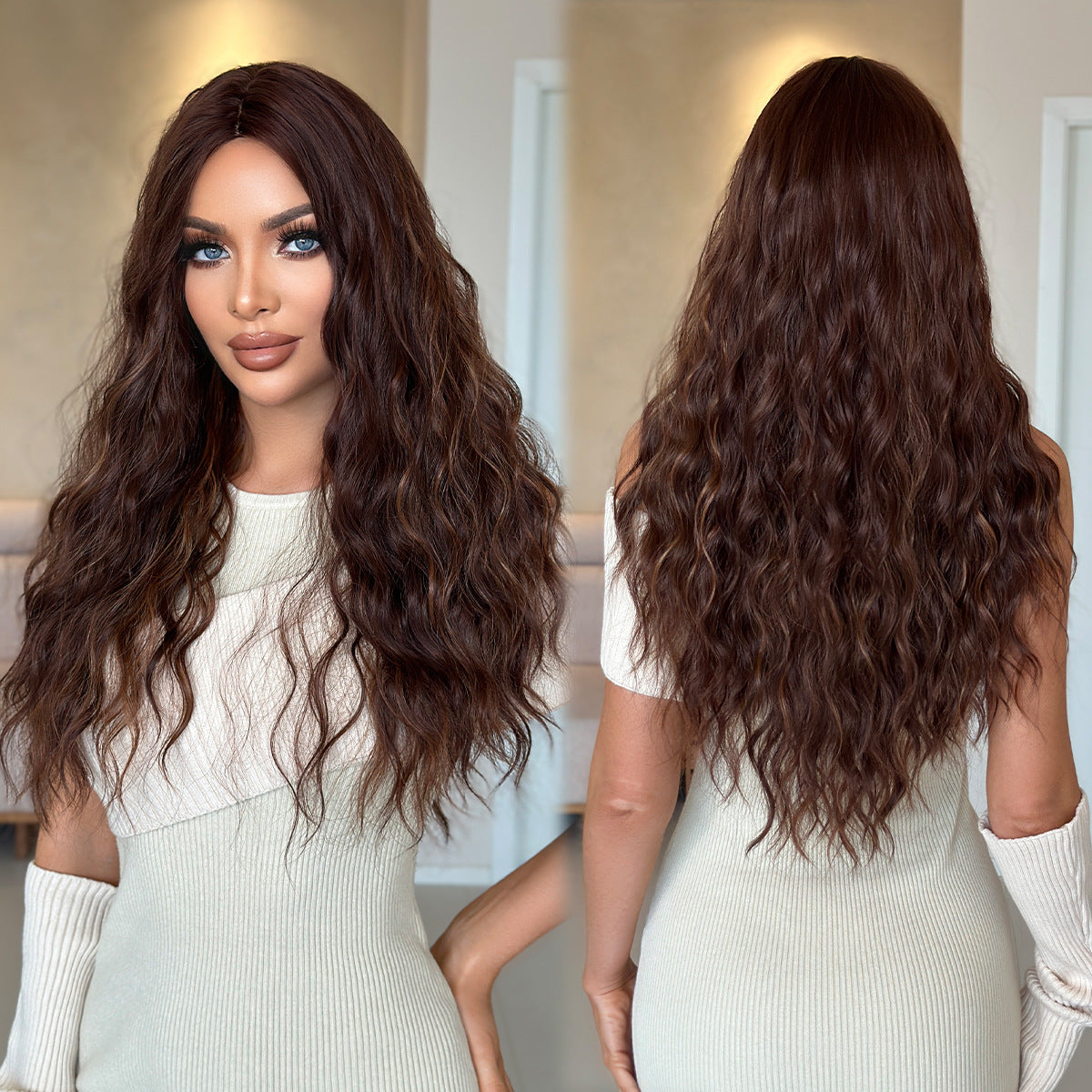 Black Honey Wax Brown Long Wavy Wig - Everyday Fashion (Middle Part) (FEVERCOS)
