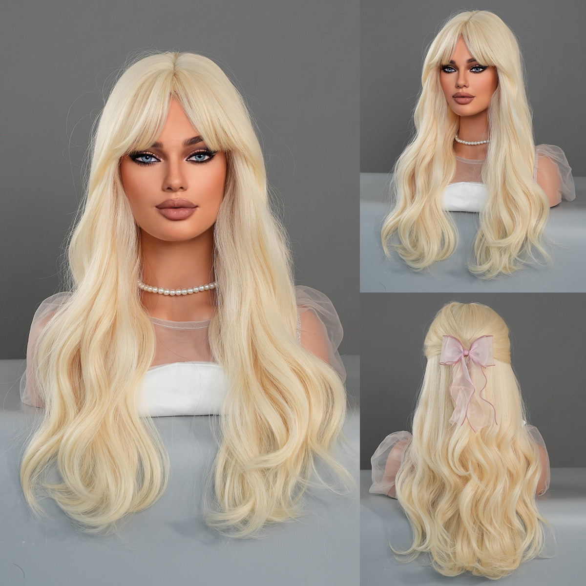 Dim Gray Barbie Cosplay Wig - Cosplay Collection (Golden Blonde Wavy Curtain Bangs) (FEVERCOS)
