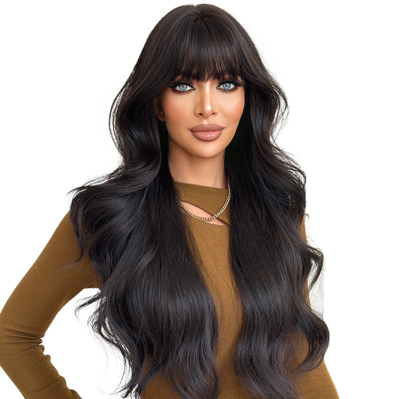 White Smoke Black Tea Long Wavy Wig - Everyday Fashion (Fluffy Bangs) (FEVERCOS)