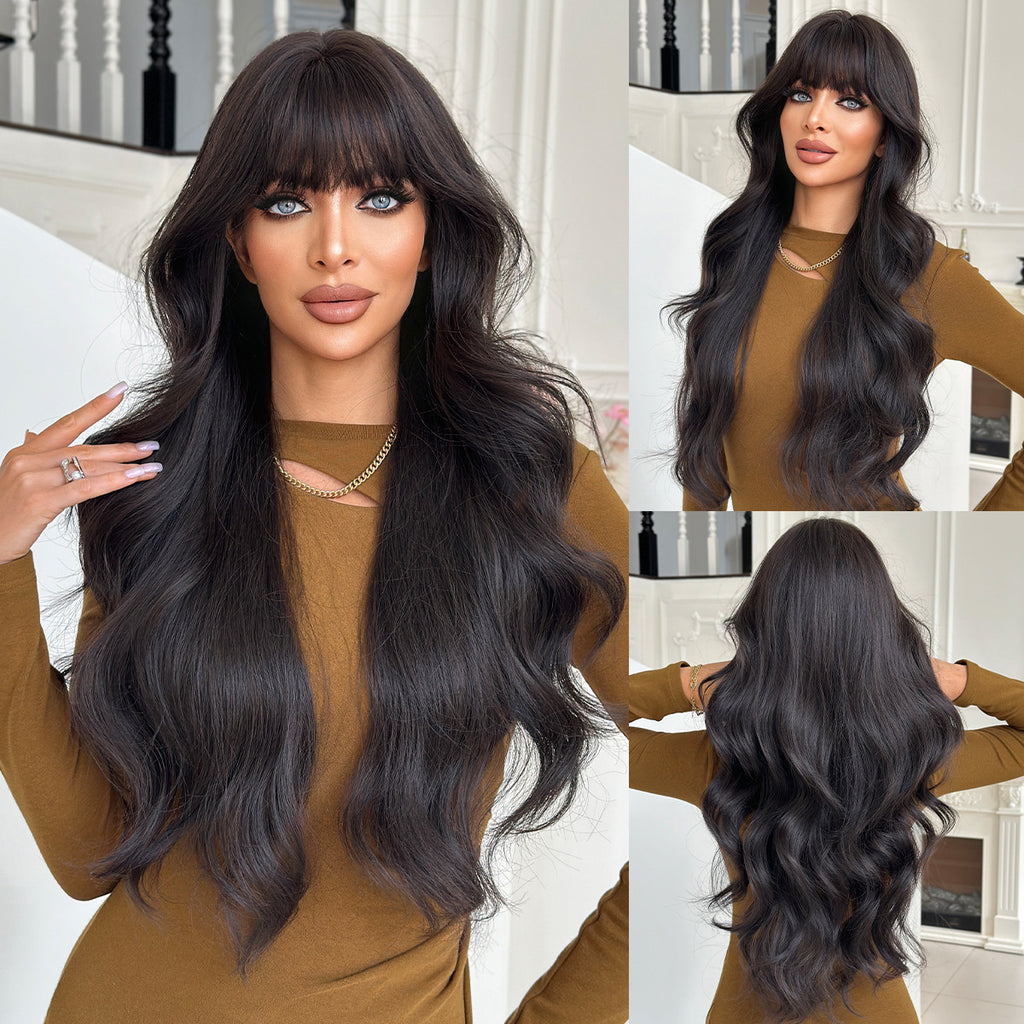 Dark Slate Gray Black Tea Long Wavy Wig - Everyday Fashion (Fluffy Bangs) (FEVERCOS)
