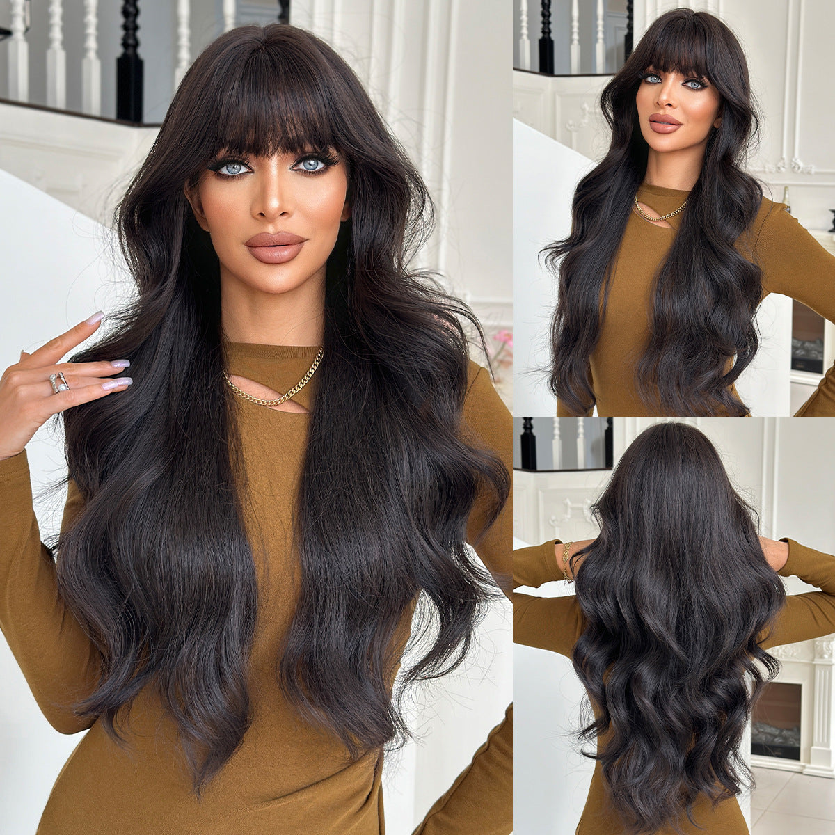 Dark Slate Gray Black Tea Long Wavy Wig - Everyday Fashion (Fluffy Bangs) (FEVERCOS)
