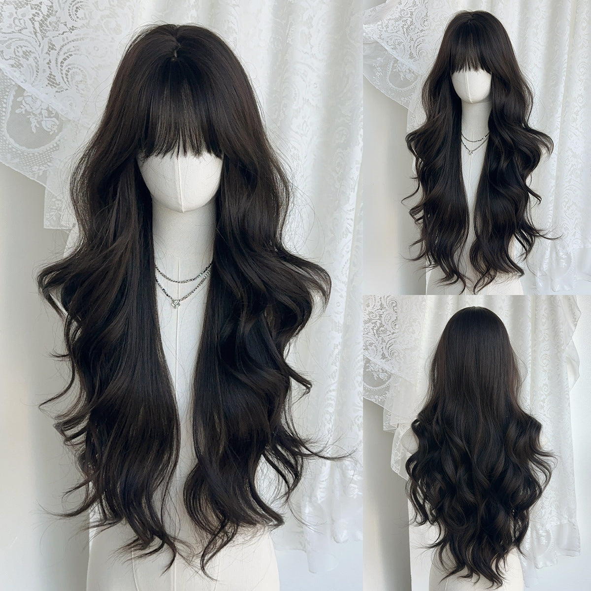 Gray Black Tea Long Wavy Wig - Everyday Fashion (Fluffy Bangs) (FEVERCOS)