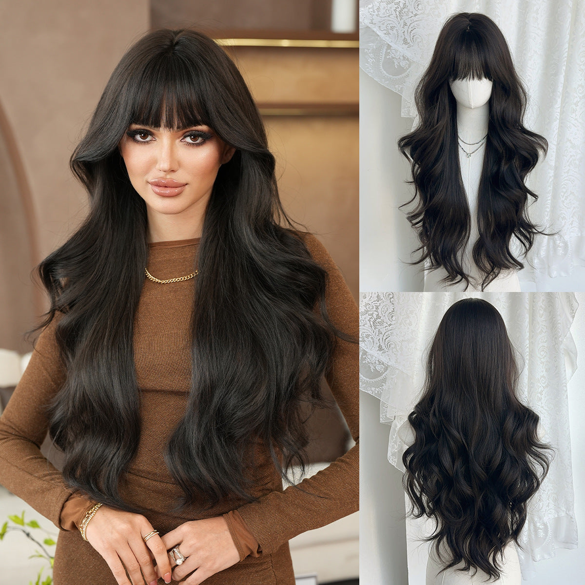 Dark Slate Gray Black Tea Long Wavy Wig - Everyday Fashion (Fluffy Bangs) (FEVERCOS)