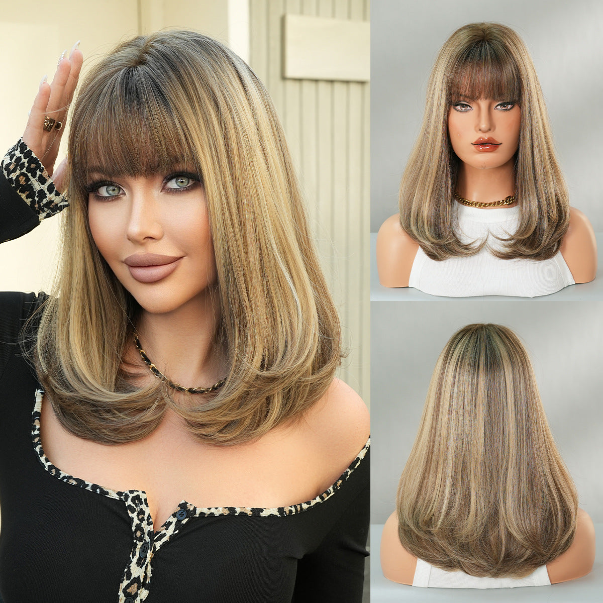 Black Golden Brown Collarbone Wig - Everyday Fashion (Straight Air Bangs) (FEVERCOS)