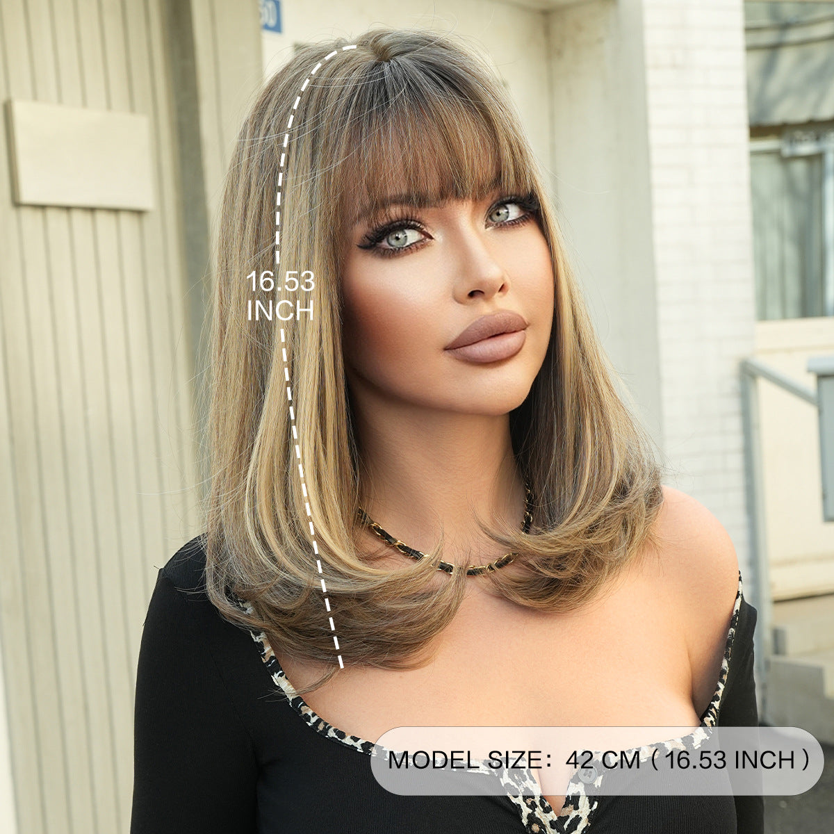 Gray Golden Brown Collarbone Wig - Everyday Fashion (Straight Air Bangs) (FEVERCOS)