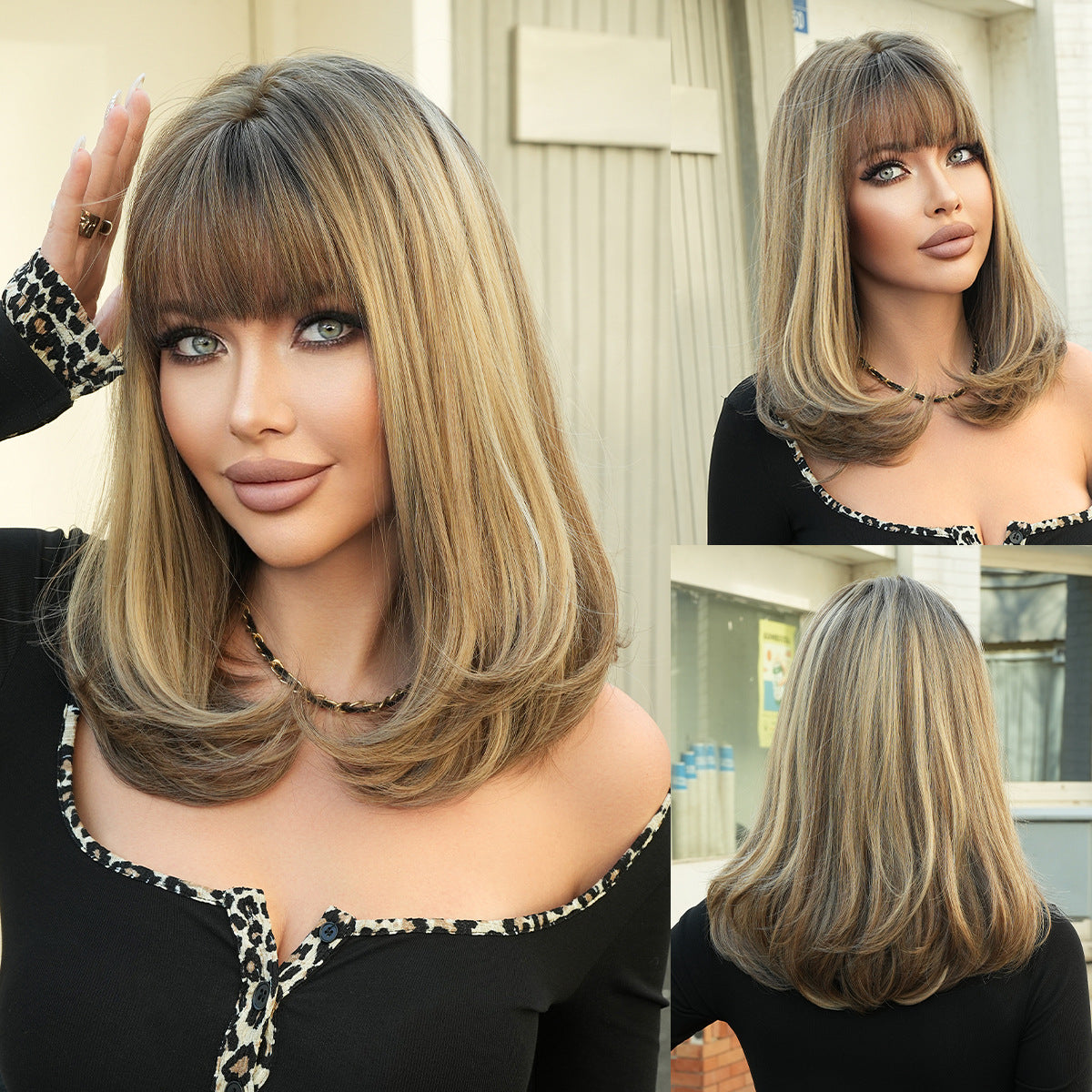 Black Golden Brown Collarbone Wig - Everyday Fashion (Straight Air Bangs) (FEVERCOS)