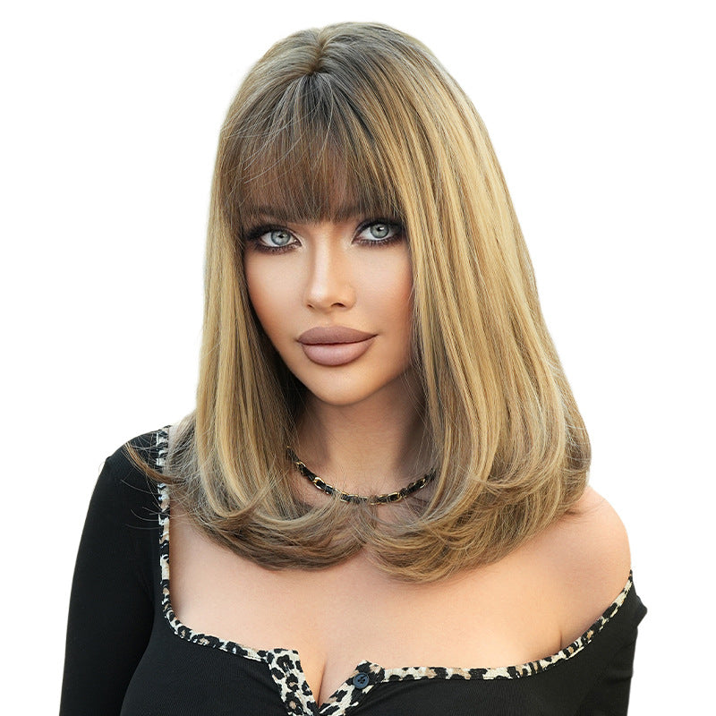 White Smoke Golden Brown Collarbone Wig - Everyday Fashion (Straight Air Bangs) (FEVERCOS)