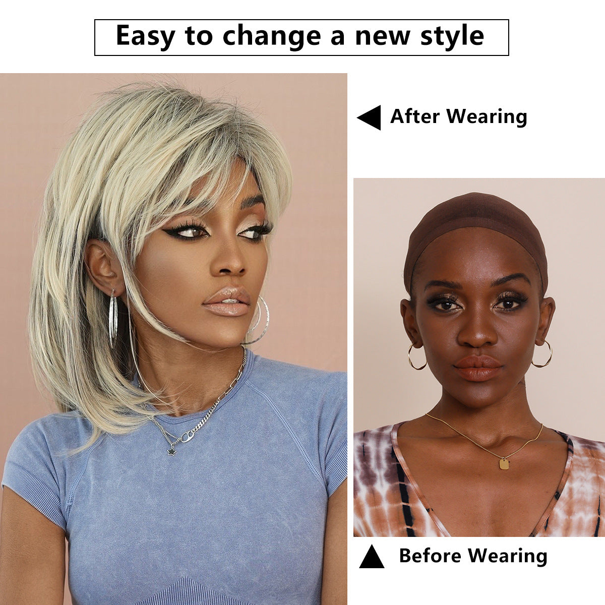 White Smoke Beige Grey Layered Shag Wig - Vintage Collection (70s Retro Shoulder Length) (FEVERCOS)