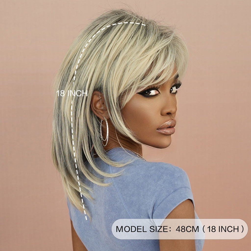 Tan Beige Grey Layered Shag Wig - Vintage Collection (70s Retro Shoulder Length) (FEVERCOS)