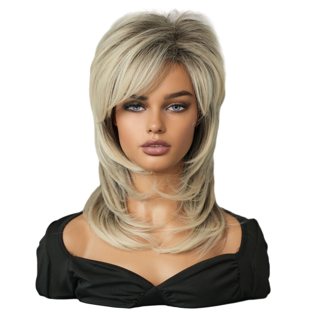 White Smoke Beige Grey Layered Shag Wig - Vintage Collection (70s Retro Shoulder Length) (FEVERCOS)