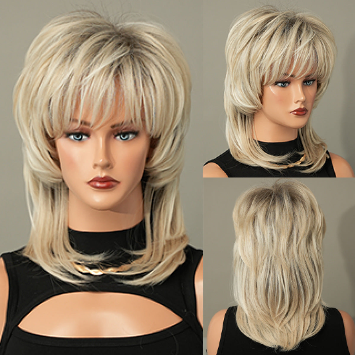Rosy Brown Beige Grey Layered Shag Wig - Vintage Collection (70s Retro Shoulder Length) (FEVERCOS)