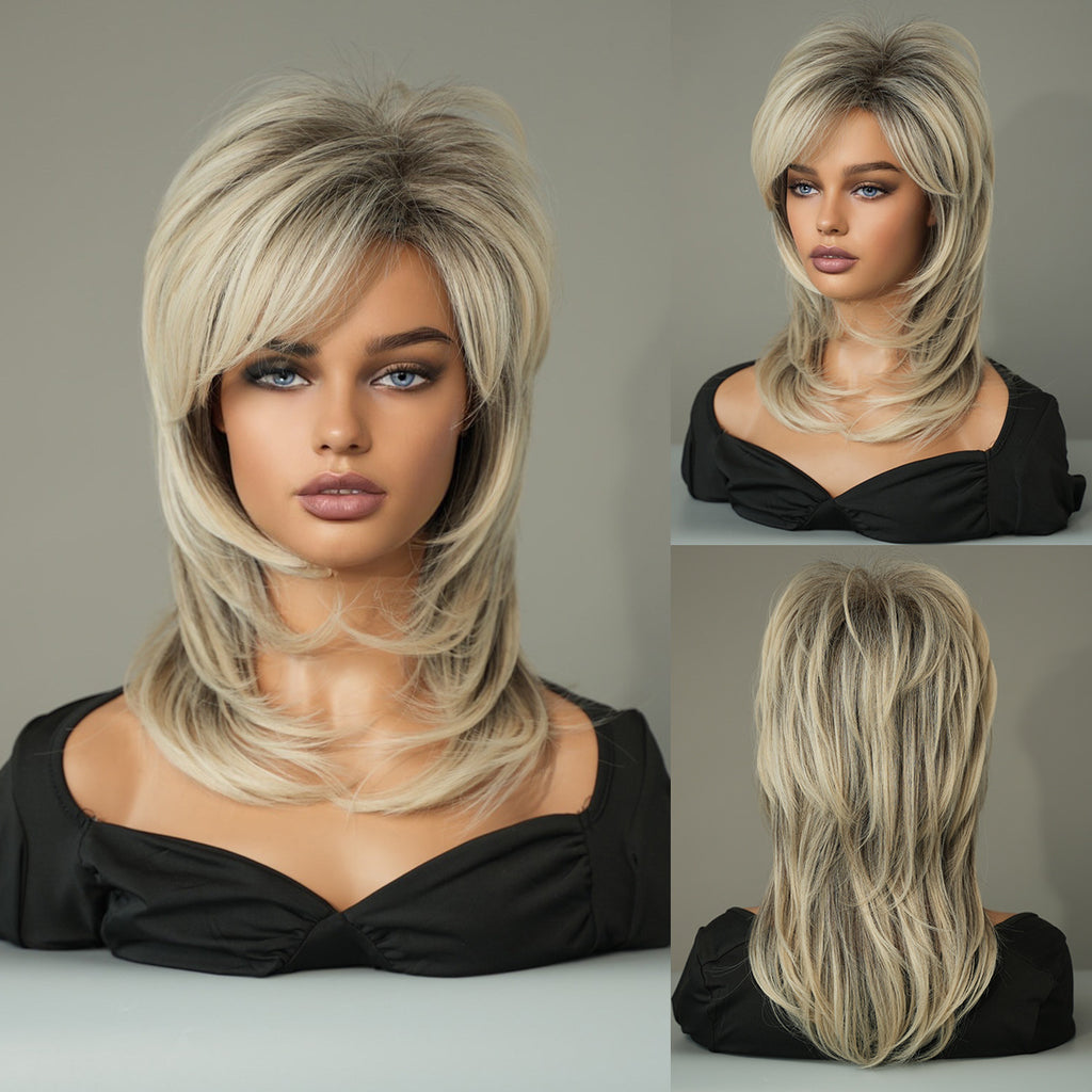 Slate Gray Beige Grey Layered Shag Wig - Vintage Collection (70s Retro Shoulder Length) (FEVERCOS)
