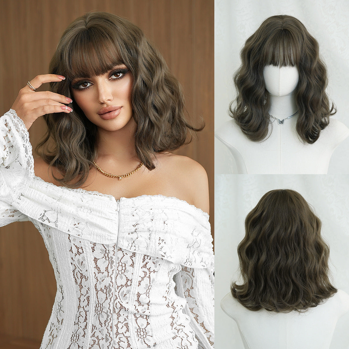 Lavender Cool Brown Wool Curl Short Wig - Lolita Fashion (Fluffy Bob) (FEVERCOS)