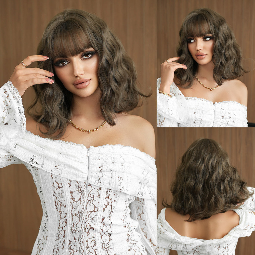 Dark Olive Green Cool Brown Wool Curl Short Wig - Lolita Fashion (Fluffy Bob) (FEVERCOS)