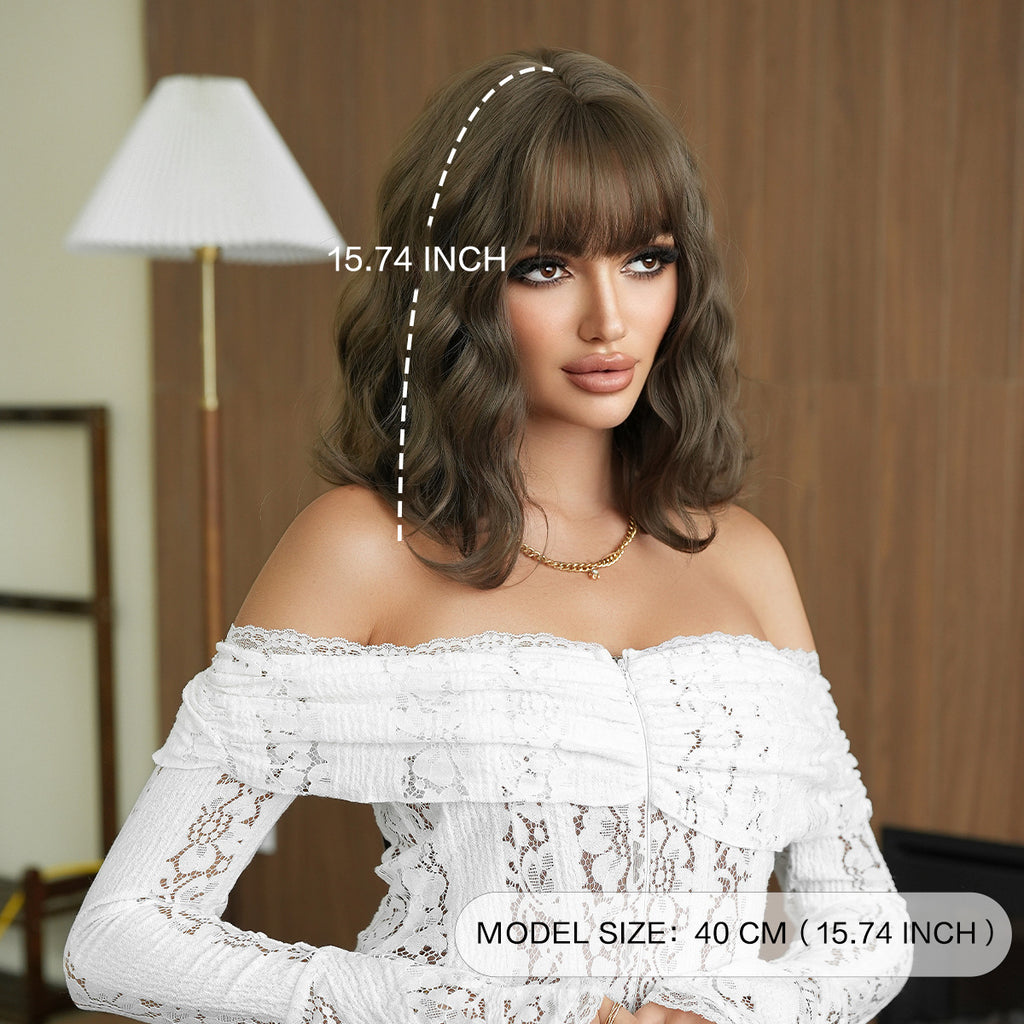 Dark Olive Green Cool Brown Wool Curl Short Wig - Lolita Fashion (Fluffy Bob) (FEVERCOS)