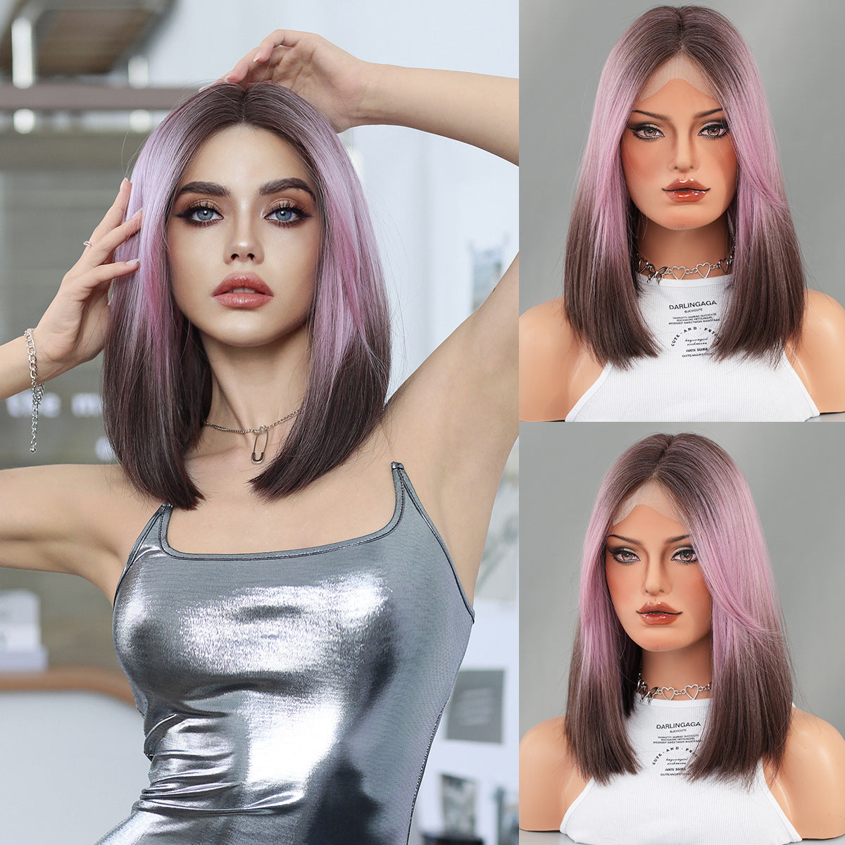 Dark Gray Pink Brown Gradient Lace Wig - Elite Lace Fronts (Short Bob T-Part) (FEVERCOS)