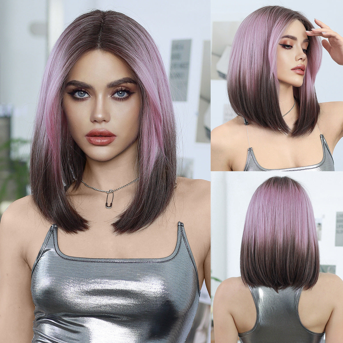 Tan Pink Brown Gradient Lace Wig - Elite Lace Fronts (Short Bob T-Part) (FEVERCOS)