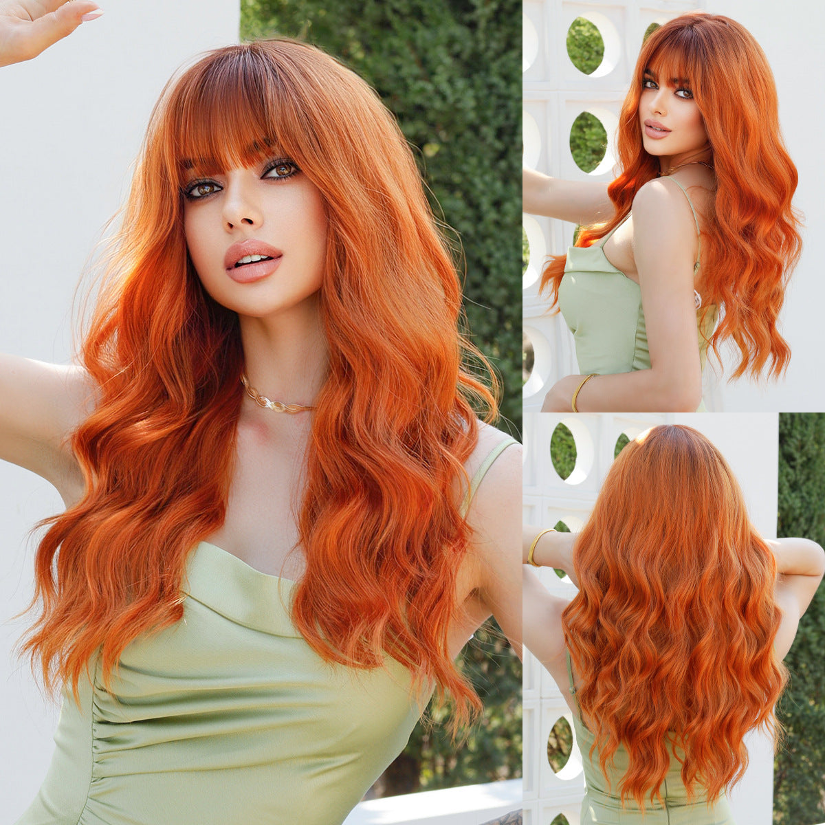 Lavender Orange Ginger Long Wavy Wig - Street Fashion (Blunt Bangs) (FEVERCOS)