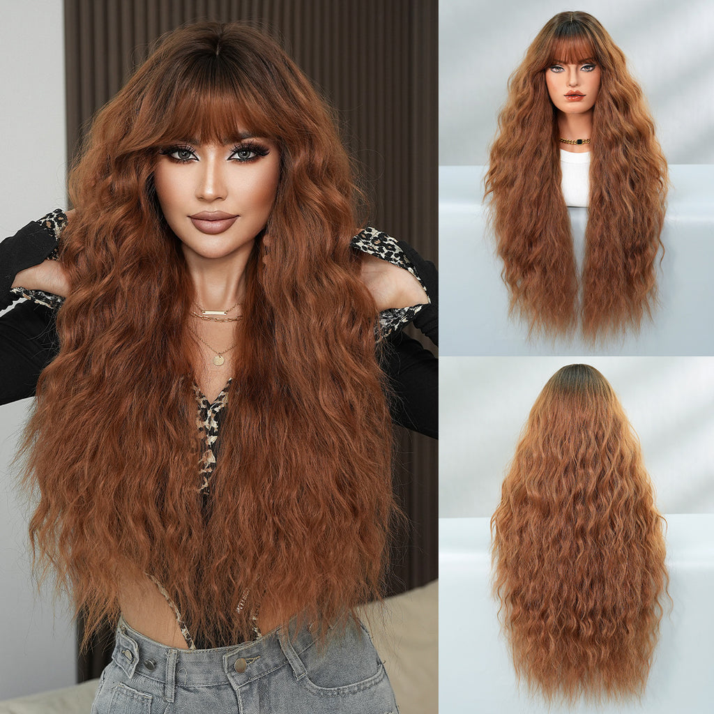 Saddle Brown Caramel Red Brown Water Wave Wig - Urban Fashion (Long Wavy) (FEVERCOS)