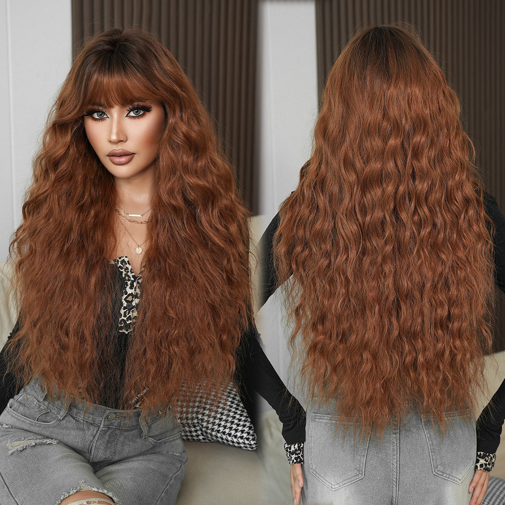 Saddle Brown Caramel Red Brown Water Wave Wig - Urban Fashion (Long Wavy) (FEVERCOS)