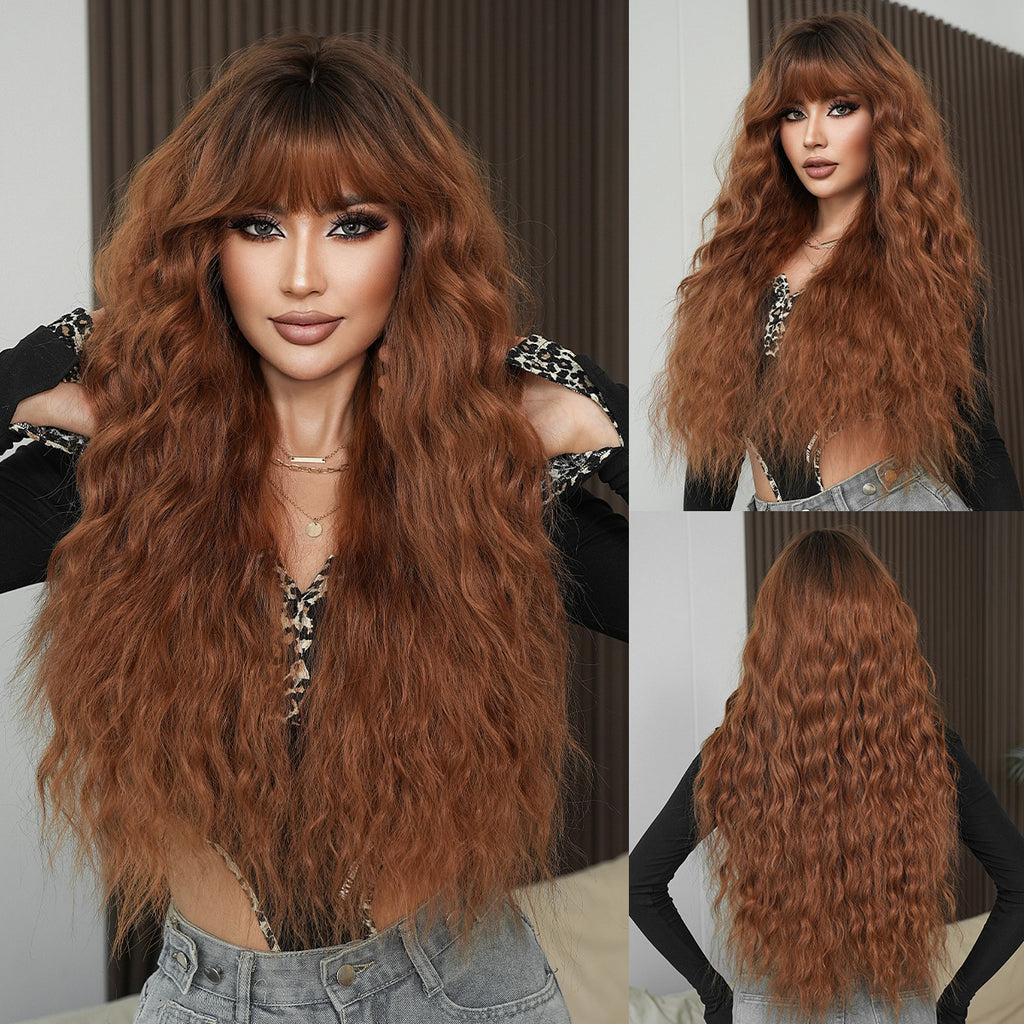 Saddle Brown Caramel Red Brown Water Wave Wig - Urban Fashion (Long Wavy) (FEVERCOS)
