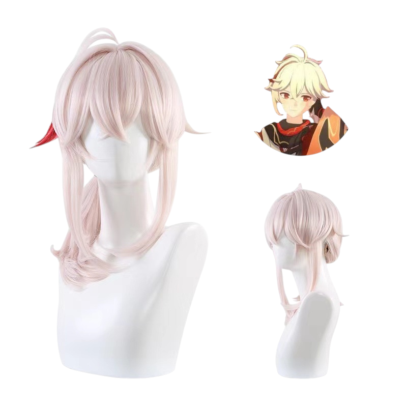 White Smoke Kaedehara Kazuha Cosplay Wig - Genshin Impact (Platinum Blonde Red Streak Ponytail) (FEVERCOS)