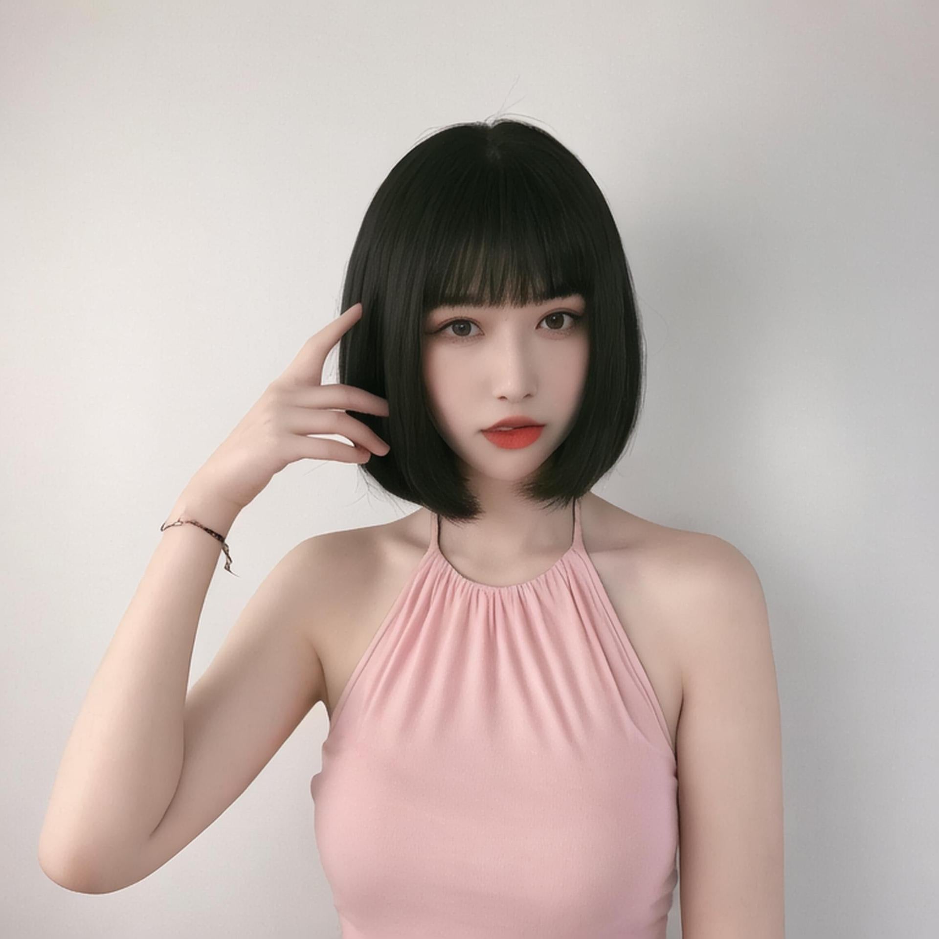 Light Gray Black Blunt Cut Bob Wig - Urban Fashion (Shoulder Length Straight) (FEVERCOS)