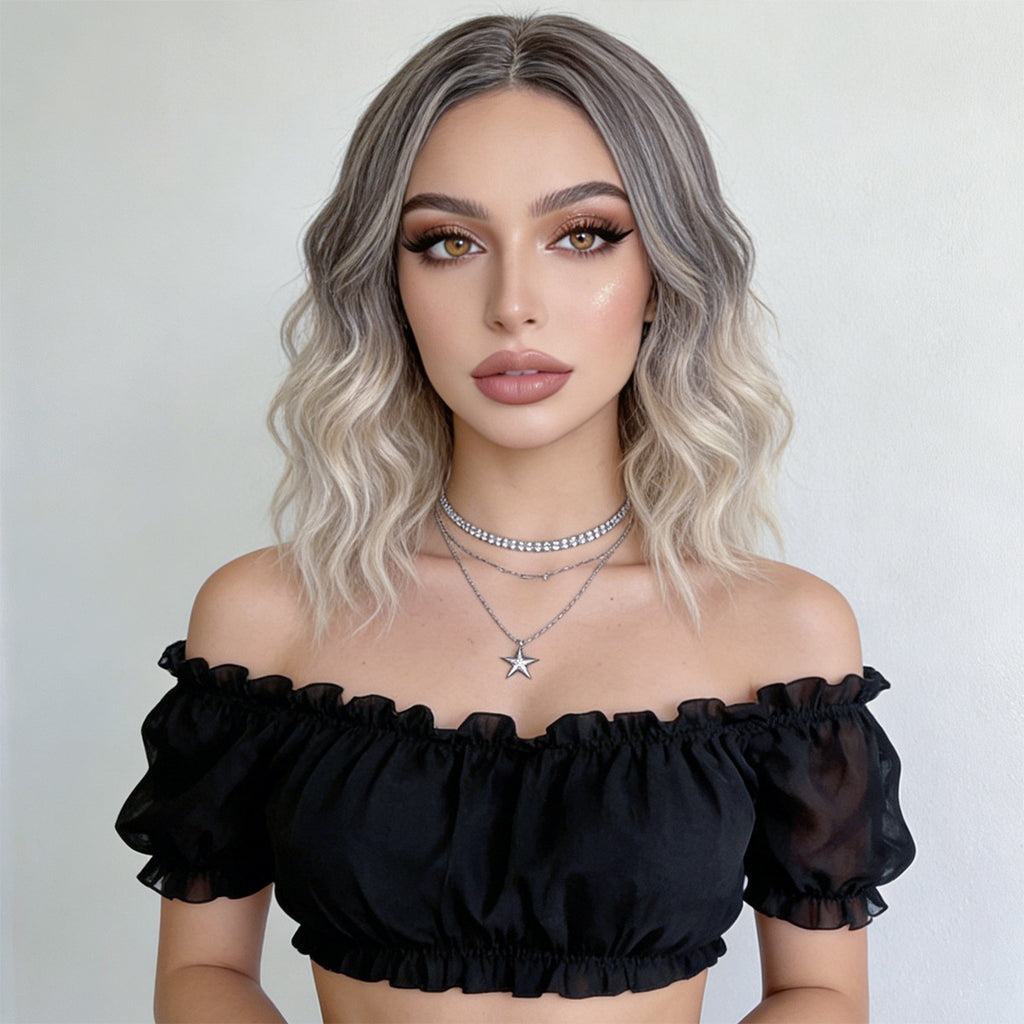 Black Ombre Mixed Color Short Curly Wig - Urban Fashion (Middle Part Modern) (FEVERCOS)