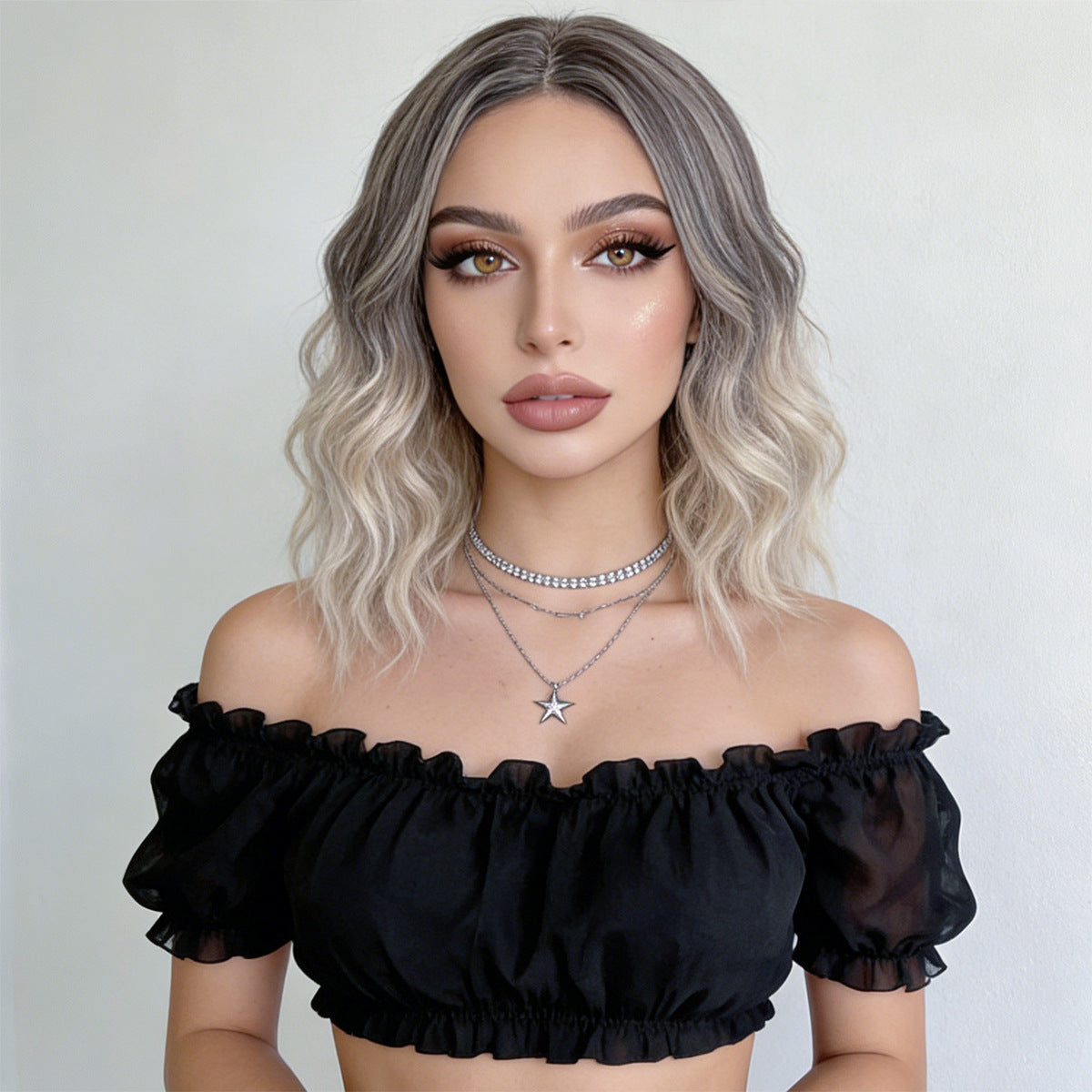 Black Ombre Mixed Color Short Curly Wig - Urban Fashion (Middle Part Modern) (FEVERCOS)