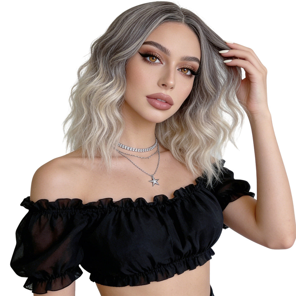 White Smoke Ombre Mixed Color Short Curly Wig - Urban Fashion (Middle Part Modern) (FEVERCOS)