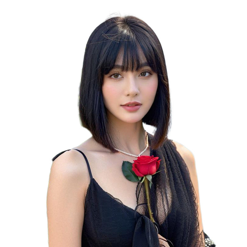 White Smoke Blunt Cut Short Straight Bob - Urban Fashion (Natural Black Volume) (FEVERCOS)
