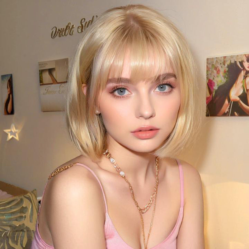 Beige Blonde Bob Wig - Subculture Fashion (Short Straight Bangs) (FEVERCOS)