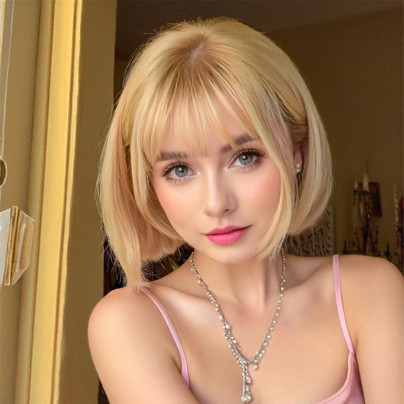 Dark Olive Green High-Fashion Beige Blonde Sleek Bob Wig - Runway Collection (Short Straight Cut) (FEVERCOS)