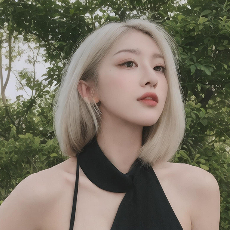 Dark Slate Gray Beige Platinum Middle Part Bob Wig - Euro-Chic Fashion (Sleek Straight) (FEVERCOS)