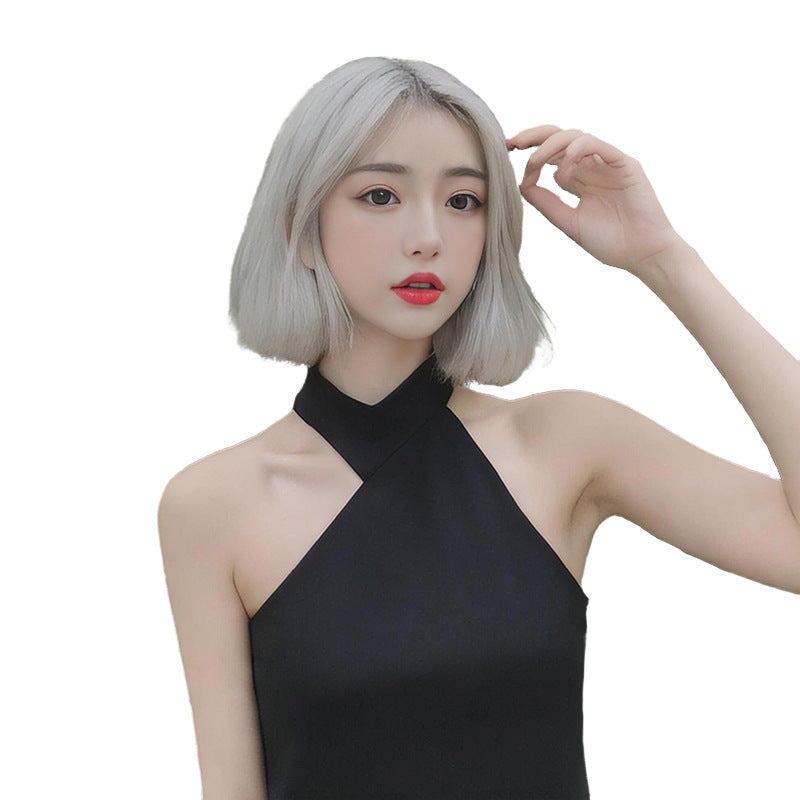White Smoke Beige Platinum Middle Part Bob Wig - Euro-Chic Fashion (Sleek Straight) (FEVERCOS)