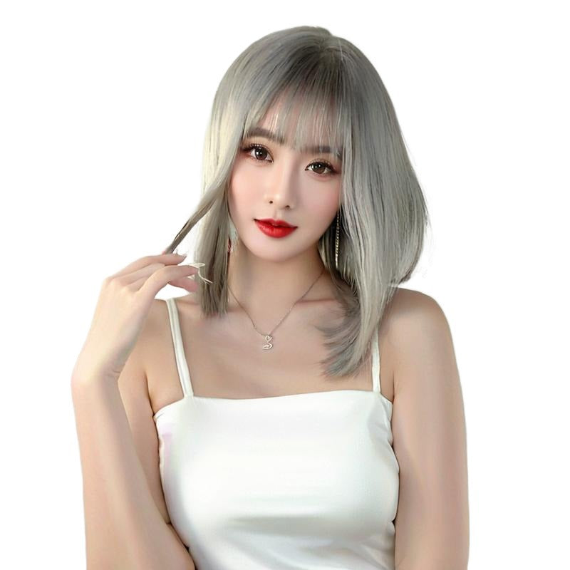 White Smoke Cyberpunk Silver Grey Blunt Bob Wig - Avant-Garde Fashion (Hime Cut) (FEVERCOS)