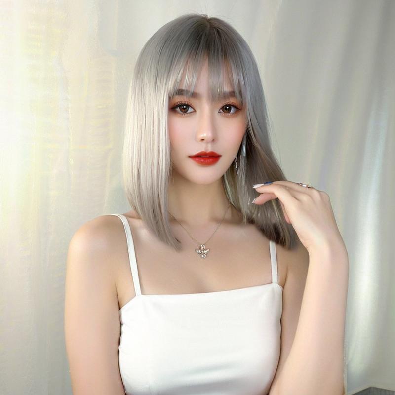 Dark Gray Cyberpunk Silver Grey Blunt Bob Wig - Avant-Garde Fashion (Hime Cut) (FEVERCOS)