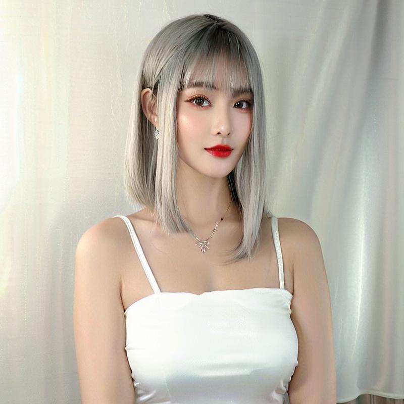 Antique White Cyberpunk Silver Grey Blunt Bob Wig - Avant-Garde Fashion (Hime Cut) (FEVERCOS)