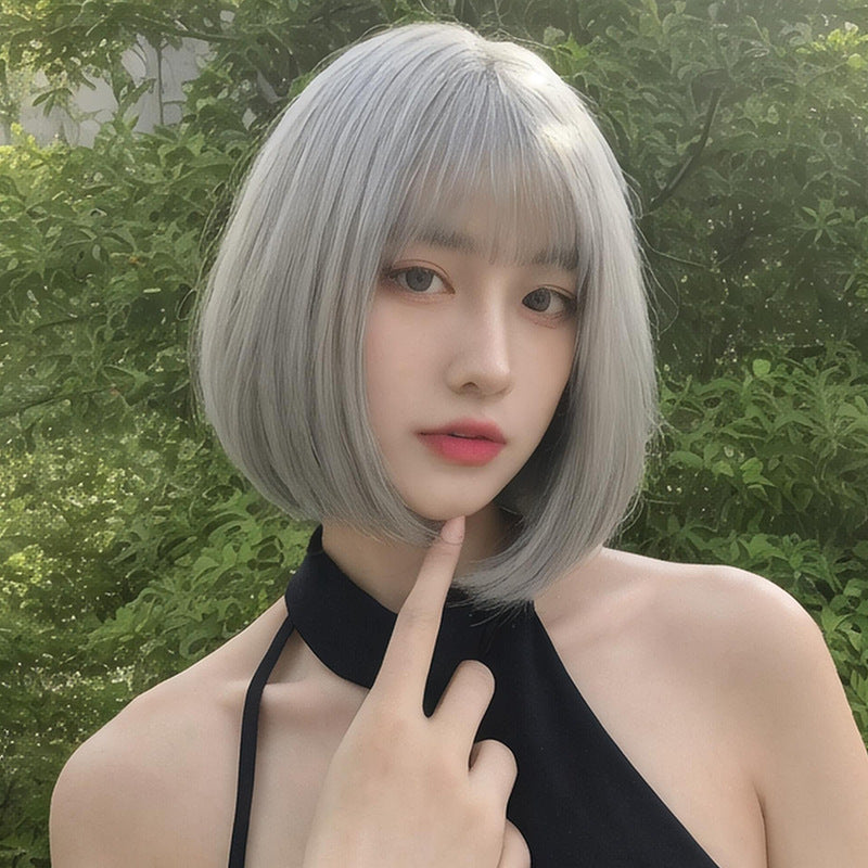 Dark Olive Green Harajuku Granny Grey Bob Wig - Urban Subculture (Straight Cut) (FEVERCOS)