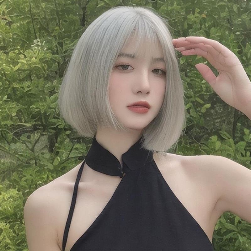Dark Olive Green Harajuku Granny Grey Bob Wig - Urban Subculture (Straight Cut) (FEVERCOS)