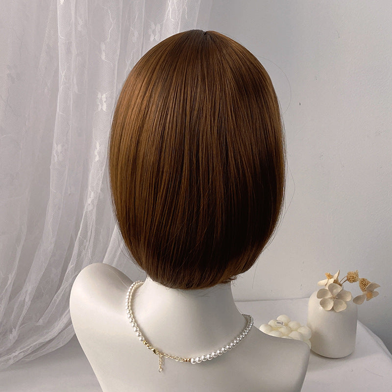 Gray Classic Brown Straight Bob Wig - Western Style (Sleek Short Cut) (FEVERCOS)