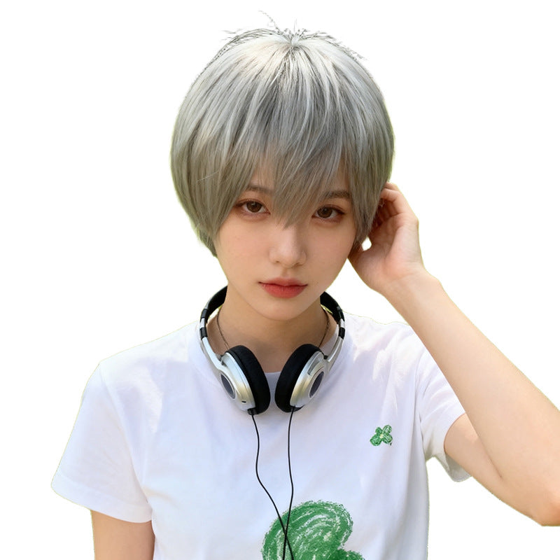 White Smoke Edgy Unisex Short Pixie Wig - Urban Fashion (Handsome Fluffy Cut) (FEVERCOS)