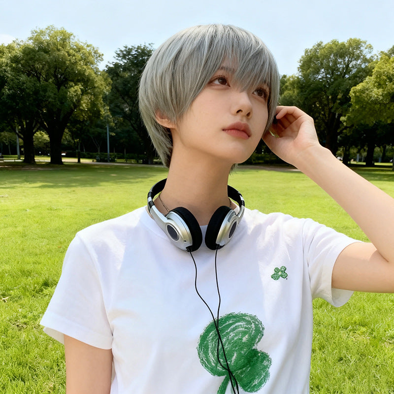 Light Gray Edgy Unisex Short Pixie Wig - Urban Fashion (Handsome Fluffy Cut) (FEVERCOS)