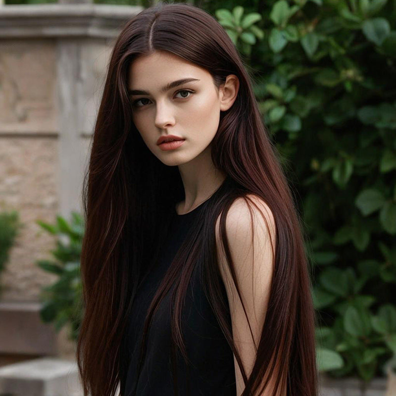 Black Brown Long Straight Wig - Everyday Fashion (Middle Part) (FEVERCOS)