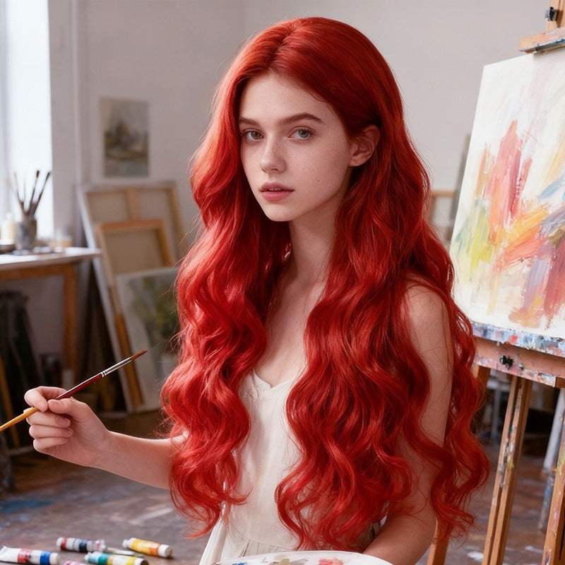 Dark Red Vibrant Red Long Wavy Wig - Urban Fashion (Deep Wave Middle Part) (FEVERCOS)