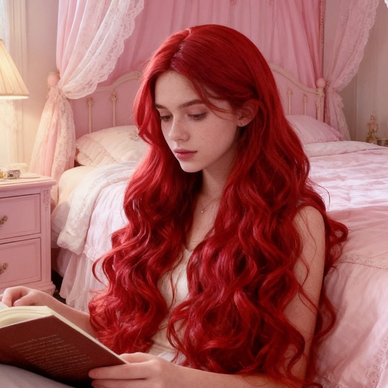 Dark Red Vibrant Red Long Wavy Wig - Urban Fashion (Deep Wave Middle Part) (FEVERCOS)