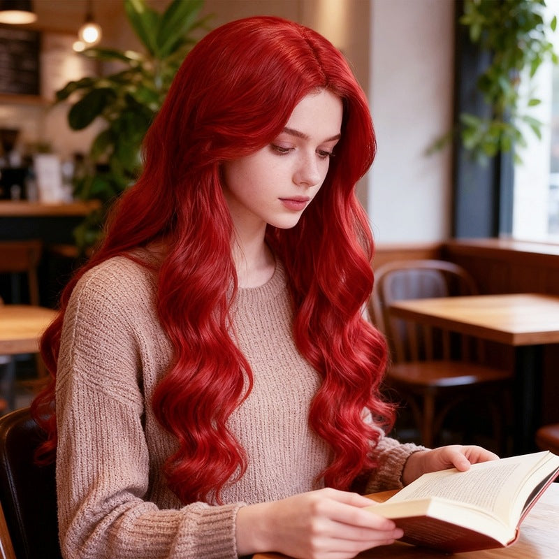 Black Vibrant Red Long Wavy Wig - Urban Fashion (Deep Wave Middle Part) (FEVERCOS)