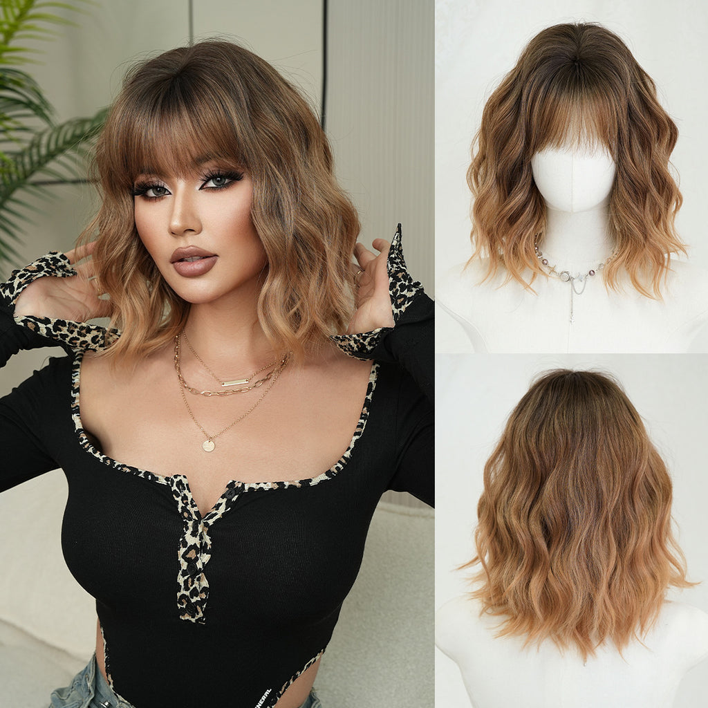 Dark Gray Orange Gold Wool Curl Bob - Urban Fashion (Short Wavy Fluffy) (FEVERCOS)