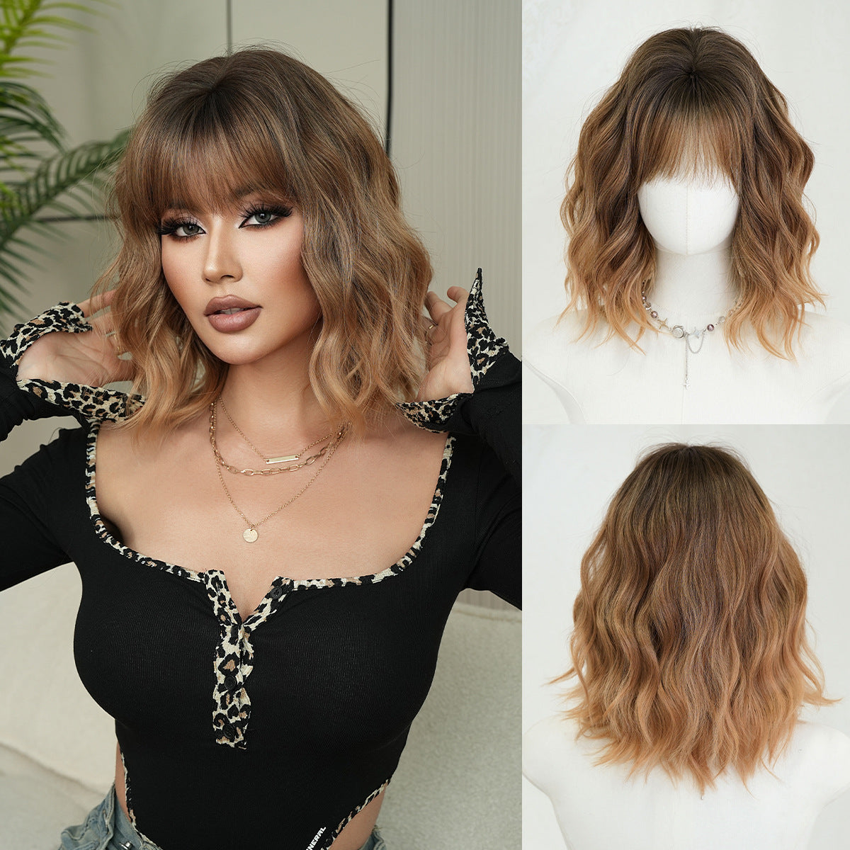 Dark Gray Orange Gold Wool Curl Bob - Urban Fashion (Short Wavy Fluffy) (FEVERCOS)